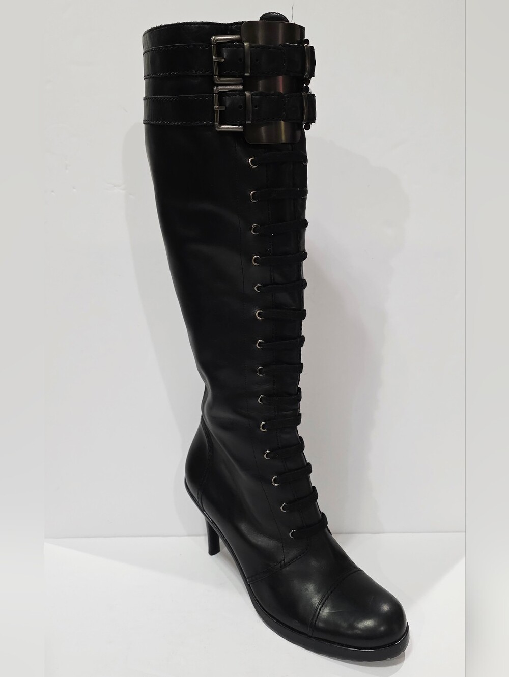 Via Spiga BUCKLE Black Leather Boot Knee High Heel Zipper Lace Hardware 10 M New